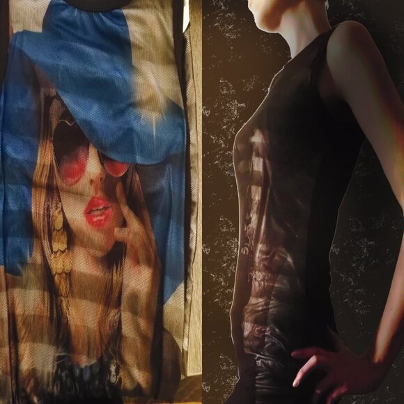 Y2K Graphic Print Tunic Dress with Front Mesh Overlay - Picture 1 of 5